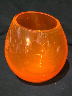 Vtg Handblown Art Glass LSA Poland Orange Round Orb Vase - 6" x 7" H